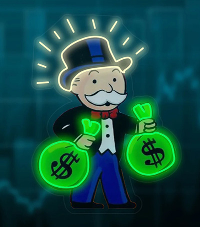 "Monopoly Man" holding bags of cash. 