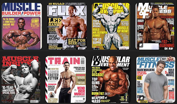 Collage of eight bodybuilding magazine covers featuring various male bodybuilders posing to showcase muscular physiques. Titles include 'MUSCLE BUILDER/POWER,' 'FLEX,' 'MUSCULAR DEVELOPMENT,' 'MUSCLE & FITNESS,' 'MUSCLE INSIDER,' 'TRAIN,' 'MUSCULAR DEVELOPMENT,' and 'MUSCLE & FITNESS.' Cover text highlights fitness tips, workout routines, and supplement advice.