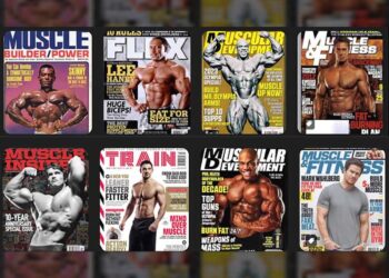 Collage of eight bodybuilding magazine covers featuring various male bodybuilders posing to showcase muscular physiques. Titles include 'MUSCLE BUILDER/POWER,' 'FLEX,' 'MUSCULAR DEVELOPMENT,' 'MUSCLE & FITNESS,' 'MUSCLE INSIDER,' 'TRAIN,' 'MUSCULAR DEVELOPMENT,' and 'MUSCLE & FITNESS.' Cover text highlights fitness tips, workout routines, and supplement advice.