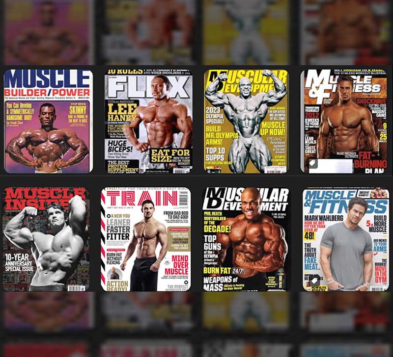 Collage of eight bodybuilding magazine covers featuring various male bodybuilders posing to showcase muscular physiques. Titles include 'MUSCLE BUILDER/POWER,' 'FLEX,' 'MUSCULAR DEVELOPMENT,' 'MUSCLE & FITNESS,' 'MUSCLE INSIDER,' 'TRAIN,' 'MUSCULAR DEVELOPMENT,' and 'MUSCLE & FITNESS.' Cover text highlights fitness tips, workout routines, and supplement advice.